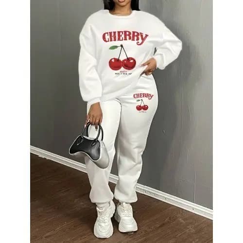 Conjunto Moletom Manga Longa Estampa de Cereja e Calça Moletom Casual Longa com Bainha com Cordão, Outono/Inverno