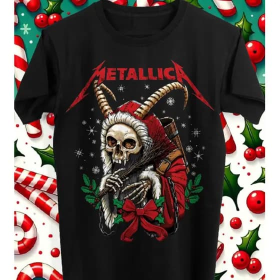 Camiseta de Rock Natalina Metalica Halftone Estampa de Natal HD Tecido Premium 100% Algodão