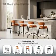 Banqueta Cozinha Alta com Encosto Bancada Bistrô Bar Industrial Preto Kit 4 Londres PU D03 - D'Rossi