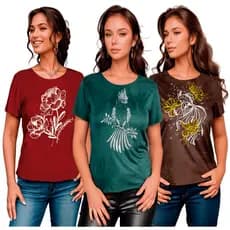 Kit 3 Camisetas T-Shirt Feminina estampada Baby Look manga curta
