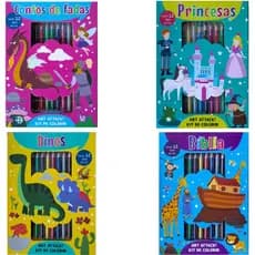 Livro de Colorir Infantil + 12 Lápis de Cor Bíblia Dinos Contos e Princesas Didático Interativo
