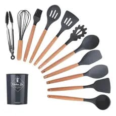 Kit 12 Peças Utensílios De Cozinha Em Silicone Cabo Madeira Cor Preto