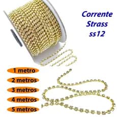 kit Corrente Strass Ss12 Dourado para Customização corrente de 1 Metro - Alto Brilho