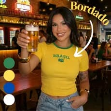 Cropped Feminino Eleição Patriota Brasil Bordado Blusa Malha Ribana Seleção Brasileira