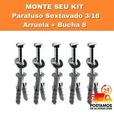 Parafuso Sextavado 3/16+ Arruela Lisa+ Bucha 8mm- 10 á - 50 UNIDADES
