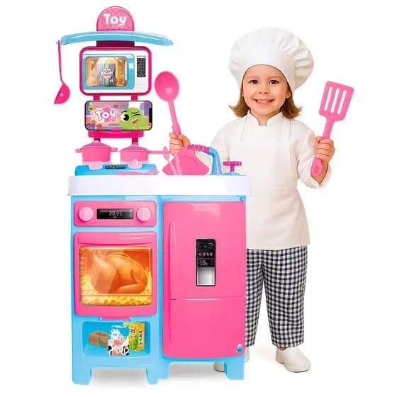 Cozinha Infantil Rosa Bancada Completa Toy Chef Com Panelinha Sai Água Micro-ondas E Fogão - Samba Toys