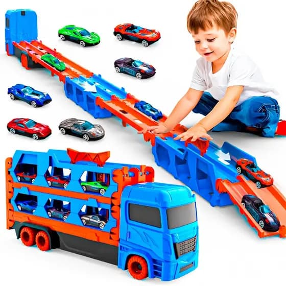 Caminhão Cegonha Carreta Que Vira Pista Com Lançador 6 Carrinhos Brinquedo Colorido - For Kids