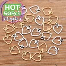 50 Pcs/pack 14 * 11mm Gold/Silver Color Pendant Hollow Charms Liga Colar Simples Pulseira Tornozeleiras Brincos Marcação Jóias DIY Metal Moda Geometria Forma Coração