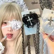 Máscara De Olhos De Renda Y2K Lolita | Acessórios Góticos Punk 3 Em 1 Para/Pernas/Cabelo , Decoração De Pescoço Cruzado