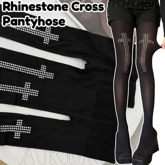 Leggings Góticas Com Design Cruzado – Arranjo De Strass Brilhante , Meia-Calça Elástica De Nylon Elastano Preto , Versát