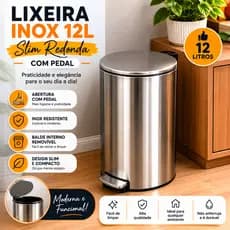 Lixeira Inox 12L Com Pedal Slim Resistente Banheiro Cozinha