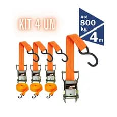 Kit 4 Cintas Catraca 4m Até 800kg Poliéster Trançado Ultra Resistente Gancho Emborrachado Transporte Seguro Cargas Camin