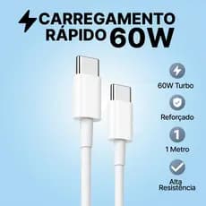 Cabo USB-C Tipo C 60W Turbo Carregador Rápido Reforçado 1 Metro para Android