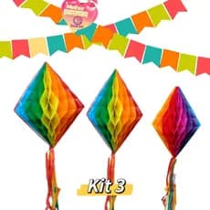Kit 3 Enfeite Festa Junina Balão Papel Colorido 30cm e 40cm Com Franja Losango Decoração Arraial Juliana