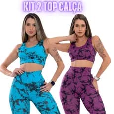 Kit 2 Conjuntos Feminino Tie Dye Marmorizado Conjunto Academia Fitness Legging Cintura Alta Top yoga