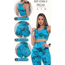 Conjunto 3 peças Feminino  Top Short e calça legging Marmorizado Academia