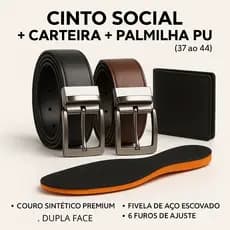 Kit 2 Cinto Masculino Preto/Marrom Dupla Face Carteira Couro Sintético Palmilhas Gel PU Ortopédicas