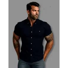 Camisa Social Masculina Manga Curta Slim Fit Com Elastano Premium Camisa Com Botões Na Gola