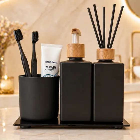 Kit Banheiro Lavabo Luxo Vidro Square Preto Fosco 250ml - Saboneteira Aromatizador Copo Bandeja