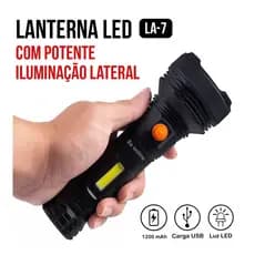 Lanterna LED Manual com potente Alcance Até 250m iluminação lateral, recarregável via USB e com bateria de 1200mAh