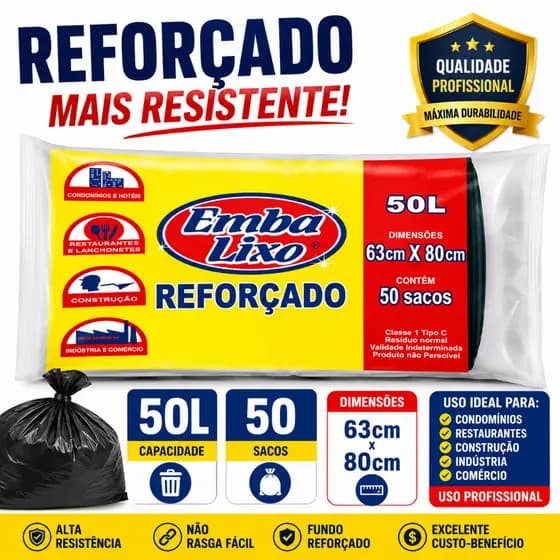 Saco Para Lixo Embalixo Profissional Reforçado 50lts Com 50 Sacos Cor Preto Uso Doméstico e Comercial