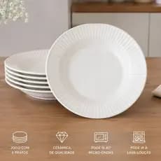 Jogo Conjunto de Prato Fundo Jantar Cerâmica Salemma Canelado Branco Oxford 21,5cm - 06 unidades