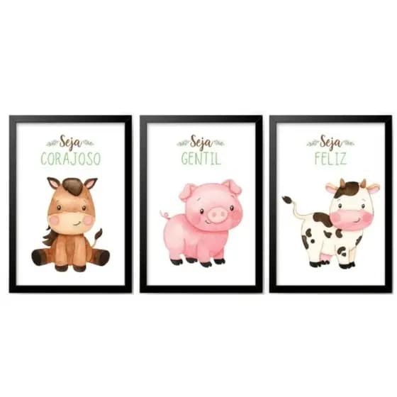 Kit quadro Decorativo 3 peças infantil, animais da fazendinha