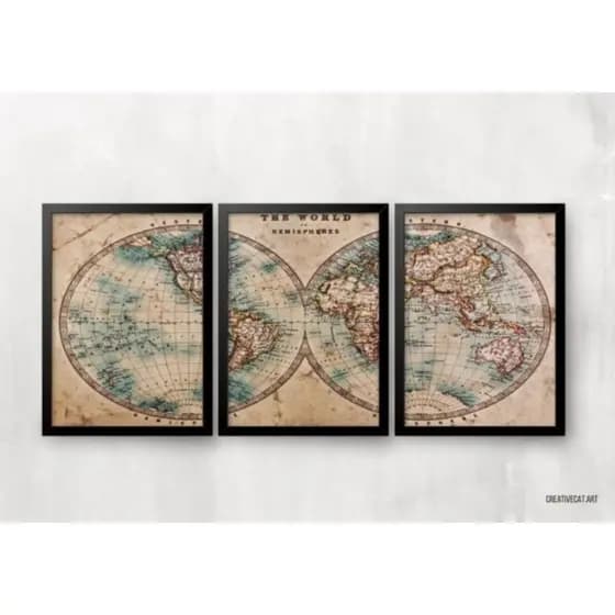 Quadro decorativo 3 peças, cartográfica histórica, mapa mundi antigo