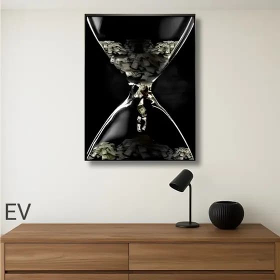 Quadro Decorativo ampulheta do dinheiro, caindo cada vez mais e mais