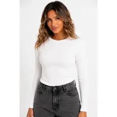 Blusa Feminina Branca Manga Longa Ribana Premium Gola Redonda Básica Casual P M G GG G1 G2
