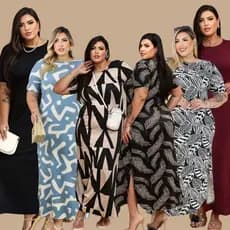 Vestido Longo Curve Curvy Plus size moda evangélica com fenda estampado e liso do 44 ao 58 Casual