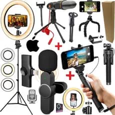 Kit Youtuber Microfone Sem Fio Celular Ios Tripé Luz Led Ring LIght Gravação Vídeo Bastão Selfie Filmagem Profissional