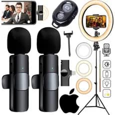Kit Blogueira Tripé Suporte Apoio Para Celular Microfone Lapela Sem Fio Duplo De iPhone Iluminador Anel Luz Ring Light