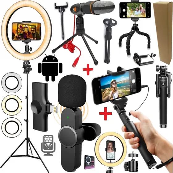 Kit Blogueiro Tripé Microfone Lapela Sem Fio Tipo C Filmagem no Celular Android Bastão Selfie + Luz Led Ring Light Vídeo