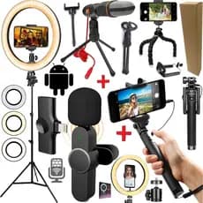Kit Blogueiro Tripé Microfone Lapela Sem Fio Tipo C Filmagem no Celular Android Bastão Selfie + Luz Led Ring Light Vídeo