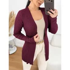Casaco Cardigan Feminino Longo em Tricot de Lã Elegante Confortável Moda Outono/Inverno Wica Malhas