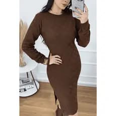 Vestido Feminino Tricot Modal Elegante Gola Redonda Midi Com Fenda Outono/Inverno Wica Malhas