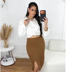 Saia Midi Canelada Tricot Modal Lisa Casual Elástica com Fenda Frontal Inverno Verão Wica Malhas