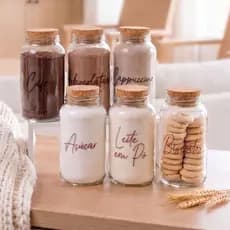 Kit Cantinho do Café 810ml + Cartela com 7 Adesivos | ESCOLHA SEU KIT | Potes de Vidro, Rolha de Cortiça, Cozinha