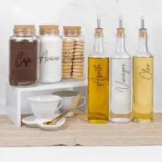 KIT 6 PEÇAS - 3 Potes Cantinho do Café 810ml + 3 Galheteiros 525ml Azeite, Vinagre e Óleo | Armazenamento Vidro, Cozinha