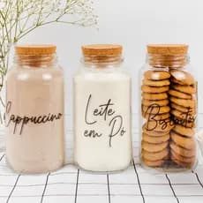 Kit Cantinho do Café - Cappuccino, Leite em Pó e Biscoitos | 3 potes de Vidro 810ml com Tampa Rolha + Adesivos