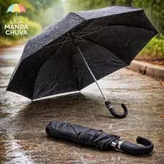 Guarda Chuva Sombrinha Automático Reforçado Preto | Compacto com Cabo Curvo Ergonômico Dobravel Bolsa Mochila