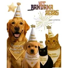 🐾 Kit Réveillon Pet – Bandana e Chapéu Temático de Ano Novo