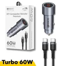 Kit Carregador Veicular Carro Premium 60w - Dual USB-C + Cabo Type-C x Type-C Hrebos