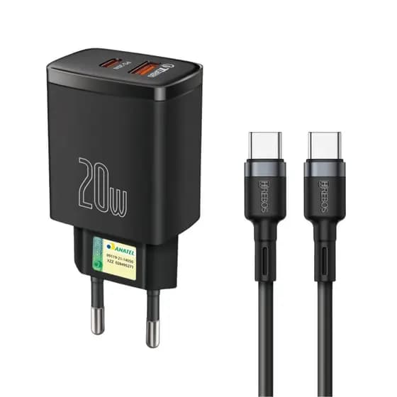 Hrebos Carregador Turbo PD 20w USB-C + USB com Cabo Tipo-C CRG-307C Comapatível iPhone 15 e 16