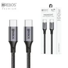 Cabo Hrebos CB-362C Dual Tipo-C 100W Reforçado, 3.1A, 1 Metro, Tecido Trançado para Celular e Notebook