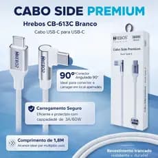 Cabo Gamer Usb C para Usb C 90° Hrebos Macho/Macho 1,8 Metros Branco