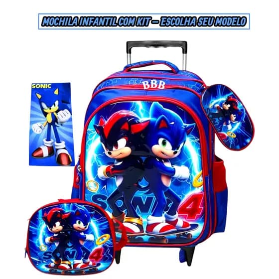 Mochila Infantil de Rodinhas Meninos 3D Bolsa Impermeável kit 3 pecas Com Lancheira e Estojo +Toalha