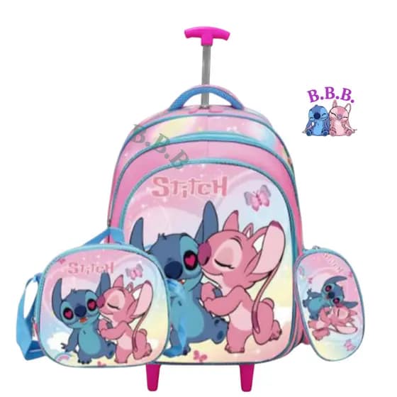 👑Kit Mochila  Escolar Meninas Rodinhas Stitch + Estojo + Lancheira