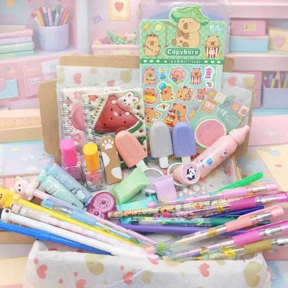 Caixa Kit Papelaria Fofa 20 Itens Variados Criativos com Canetas, Caderneta, Blocos e Marca Texto